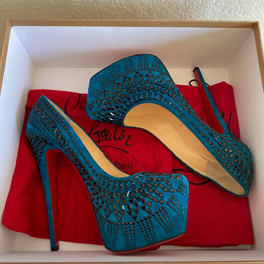 CHRISTIAN LOUBOUTIN Blue 
Decora Strass Suede platform Pumps - Picture 14 of 15